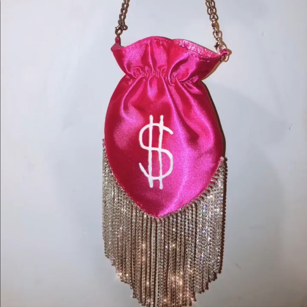 $ satin mini crystal fringe bag